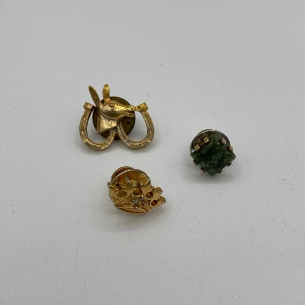 3 Vintage Tie Tack Pins Gold Mule Donkey Double Horseshoe Avon Crown Green Stone